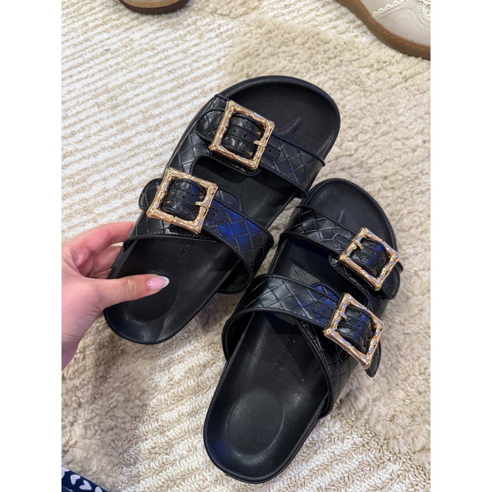 Cushionaire Womens Black Quilted Double Strap Buckle Slide‎ Sandals Size 8M - Picture 4 of 4